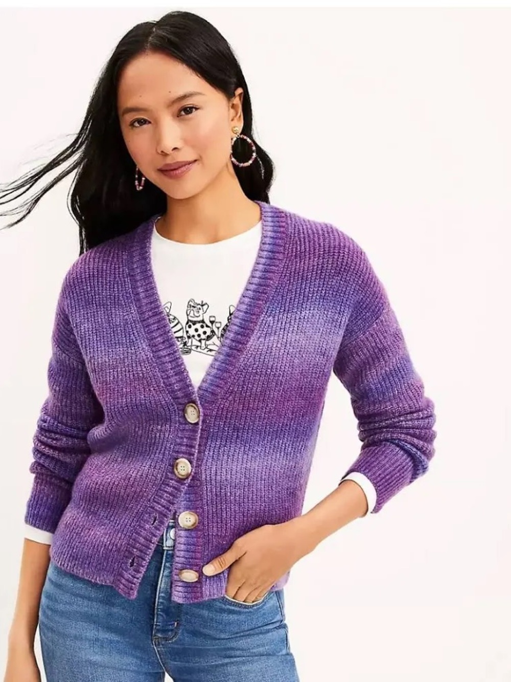 LOFT Purple Variegated V‑Neck Button Cardigan